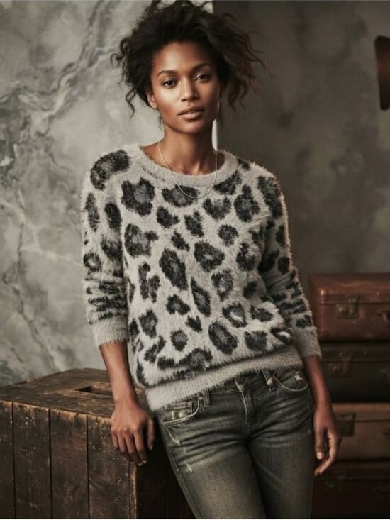 Time and True Sweaters - Time And Tru Women L 12-14 Fuzzy Animal Print Sweater Gray Black Statement Knit